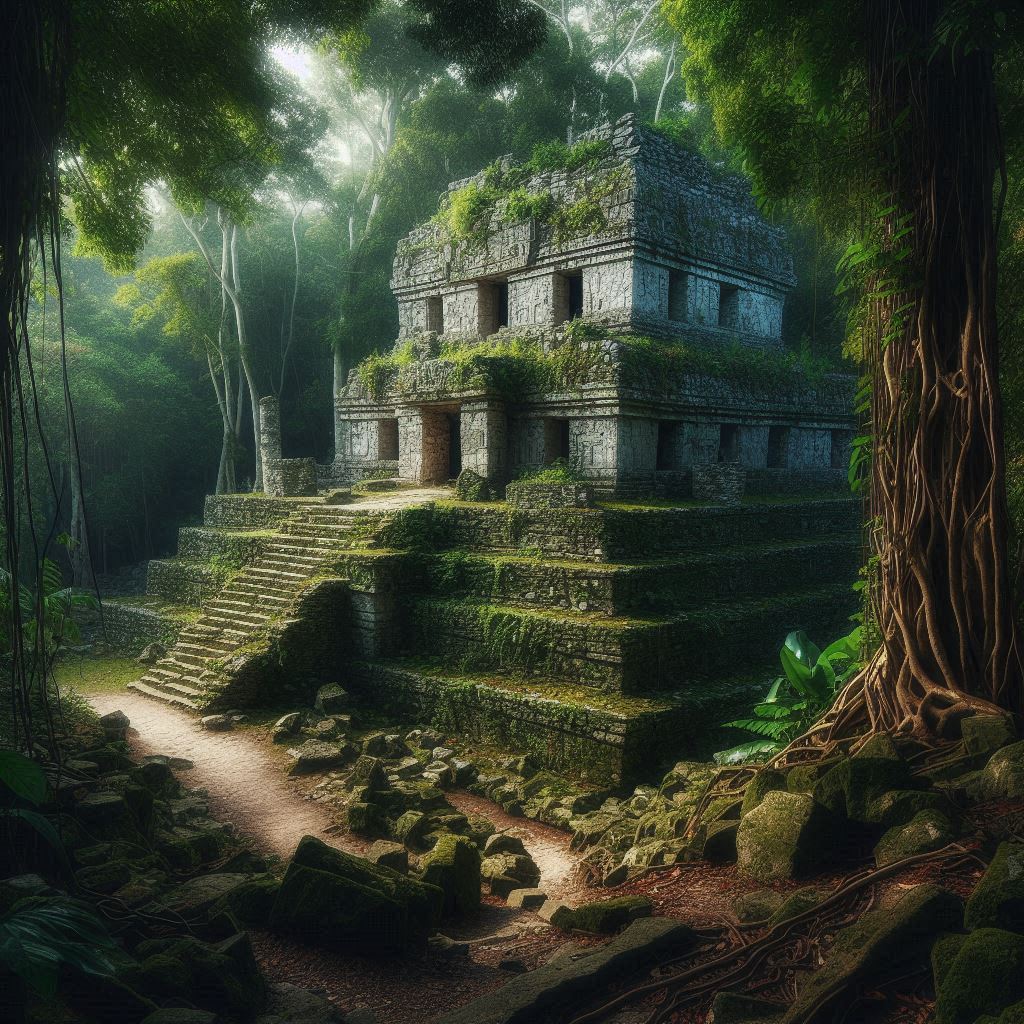 Iqtest.training Ancient Civilizations Q18 - The ruins of a Mayan temple in the jungle, partially overgrown with vines.